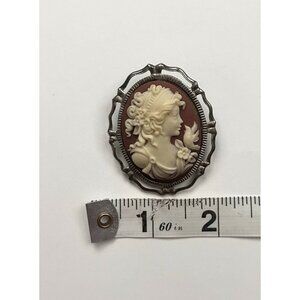 Vintage Cameo Brooch Pin Silver Tone Lady Face Bird Floral